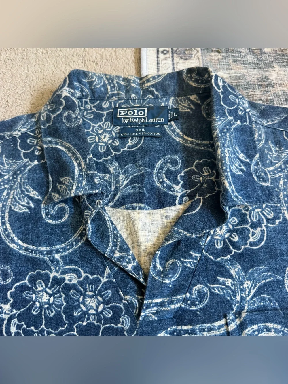 VTG Polo Ralph Lauren Men’s Sail Shirt Sz L Johnny Collar Linen Hawaiian Blue